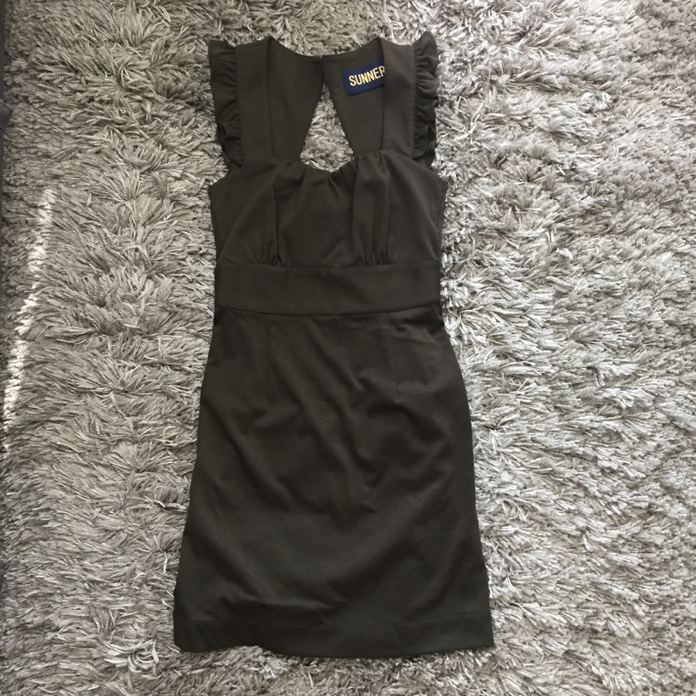NWOT SUNNER Ruffle Shoulder Olive Green Dress